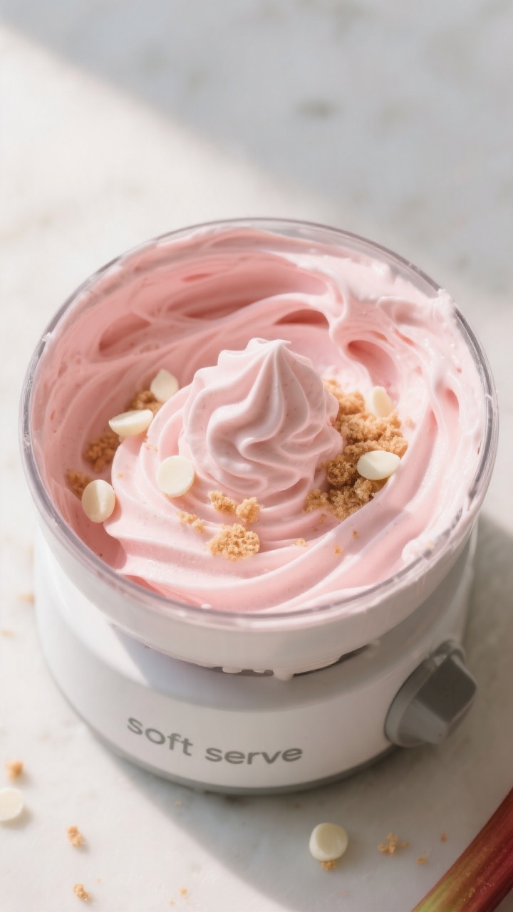 Overhead “soft serve” churn stage: Top-down shot of freshly churned rhubarb ice cream in the ice