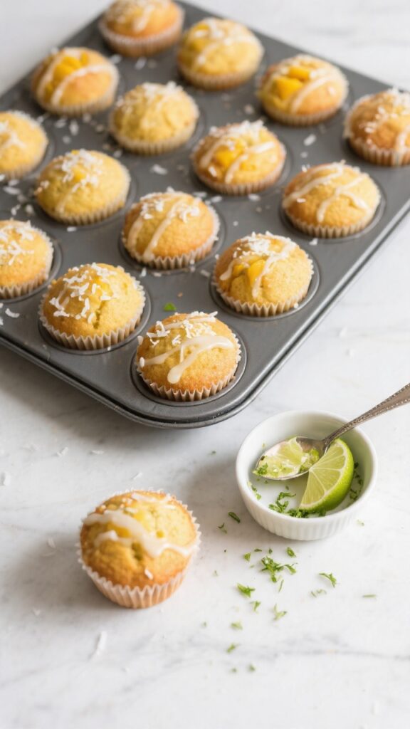 Overhead “tasty top view”: A dozen mango-lime muffins arranged in a lined 12-cup muffin tin, eve