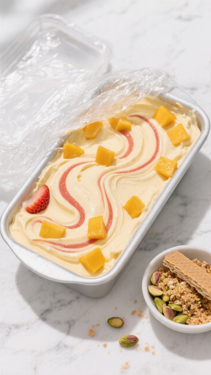 Overhead “tasty top view”: A freezer-safe loaf pan filled with the finished mango ice cream, sur