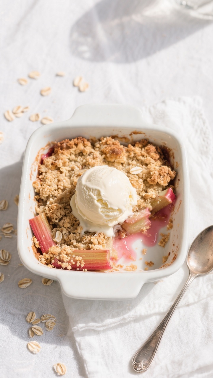 Overhead tasty top view: An 8-inch square baking dish of baked rhubarb crumble on a white linen, top