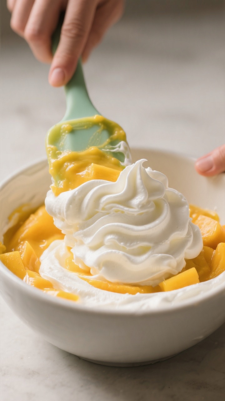 Process-in-action shot: The blended mango-vanilla-lime mixture being folded gently into a bowl of fr