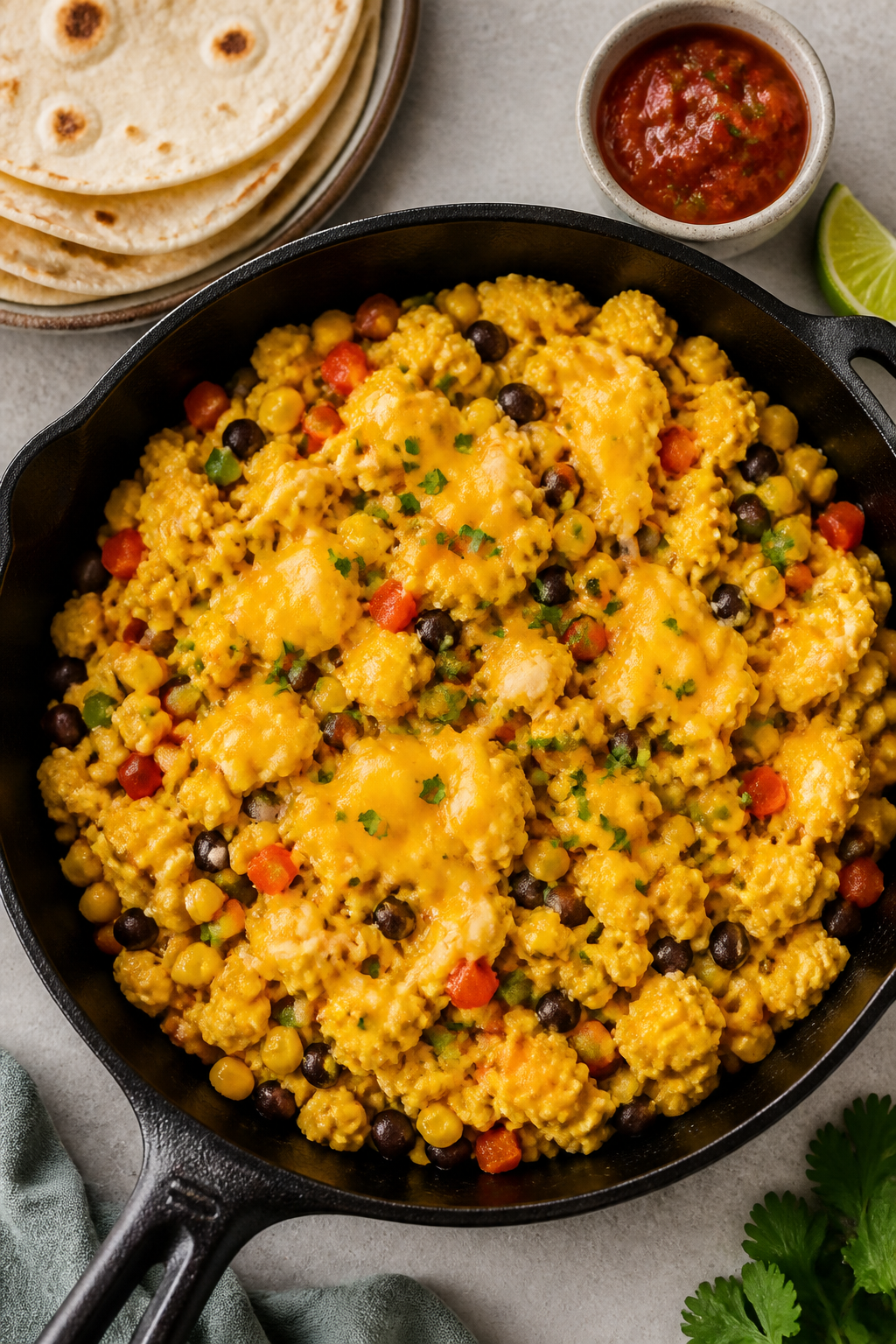 Tasty overhead view: Top-down shot of a skillet-to-table presentation of cheesy Mexican scrambled eg