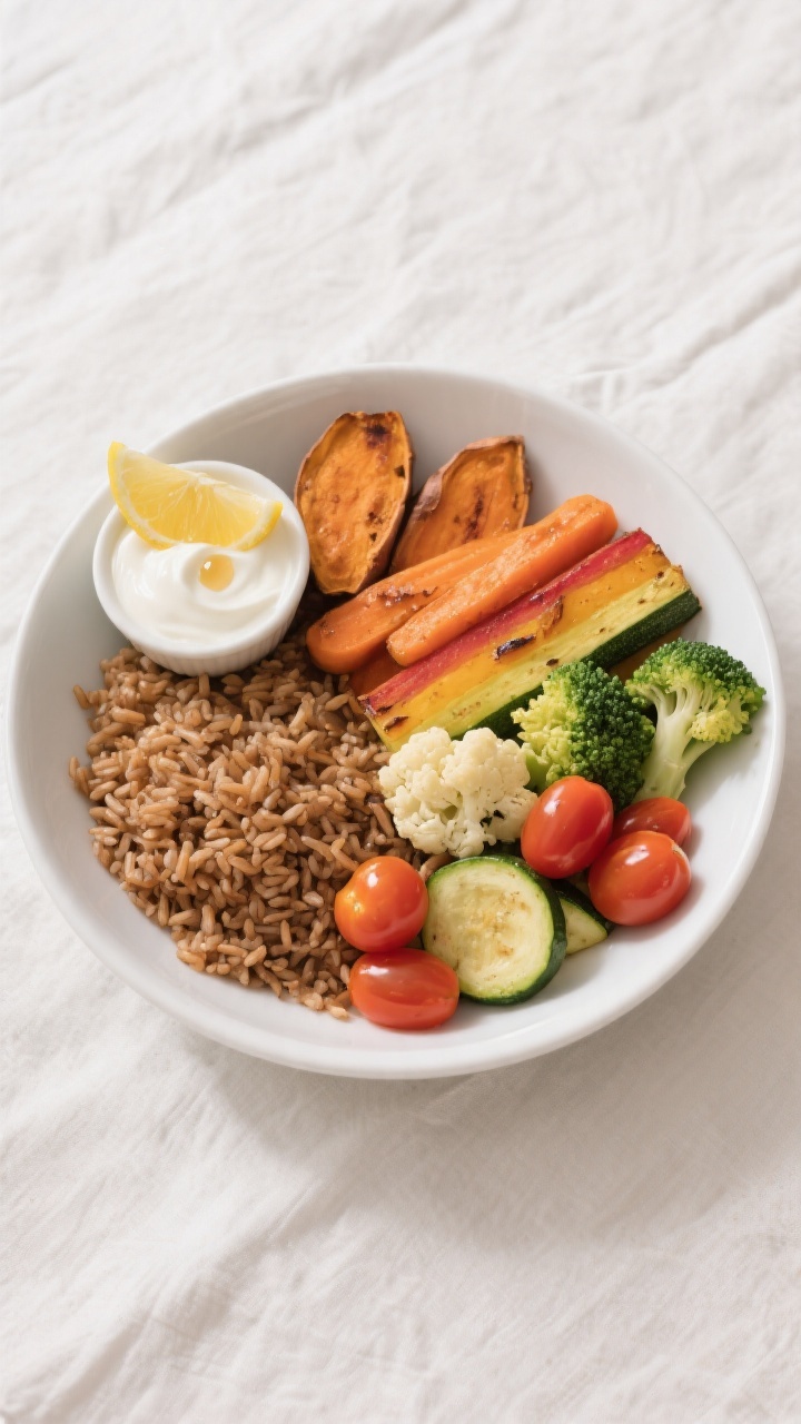 Tasty top view, “deconstructed” kid-friendly bowl: Overhead shot of a wide, shallow white bowl w