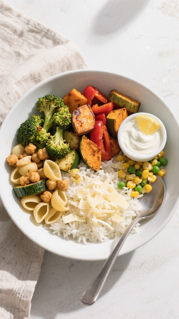 Tasty top view, deconstructed kid-friendly bowl: Overhead shot of a warm roasted vegetable bowl arra