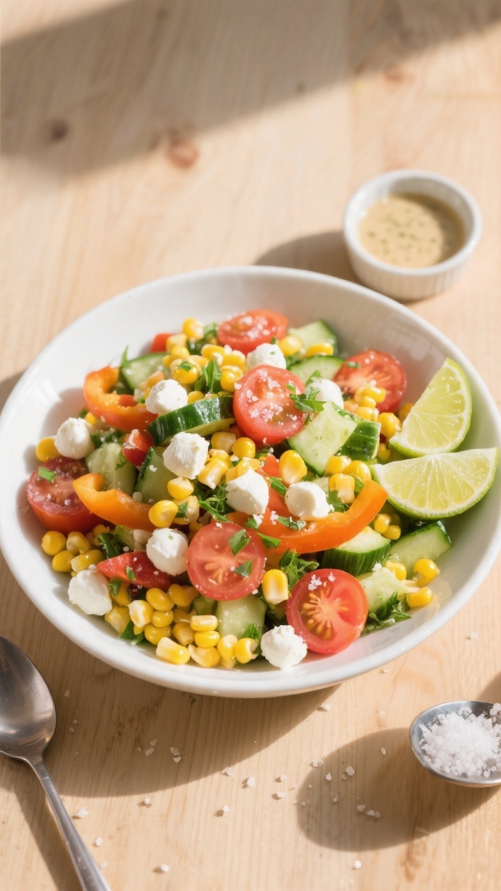 Tasty top view final presentation: Overhead shot of Easy Corn Salad for Kids in a wide white shallow