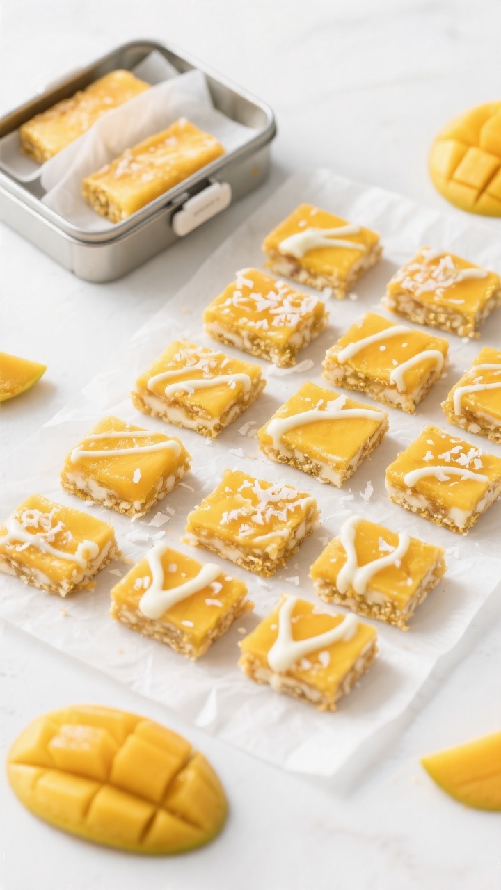 Tasty top view final presentation: Overhead shot of neatly sliced mango snack bars (12–16 pieces)