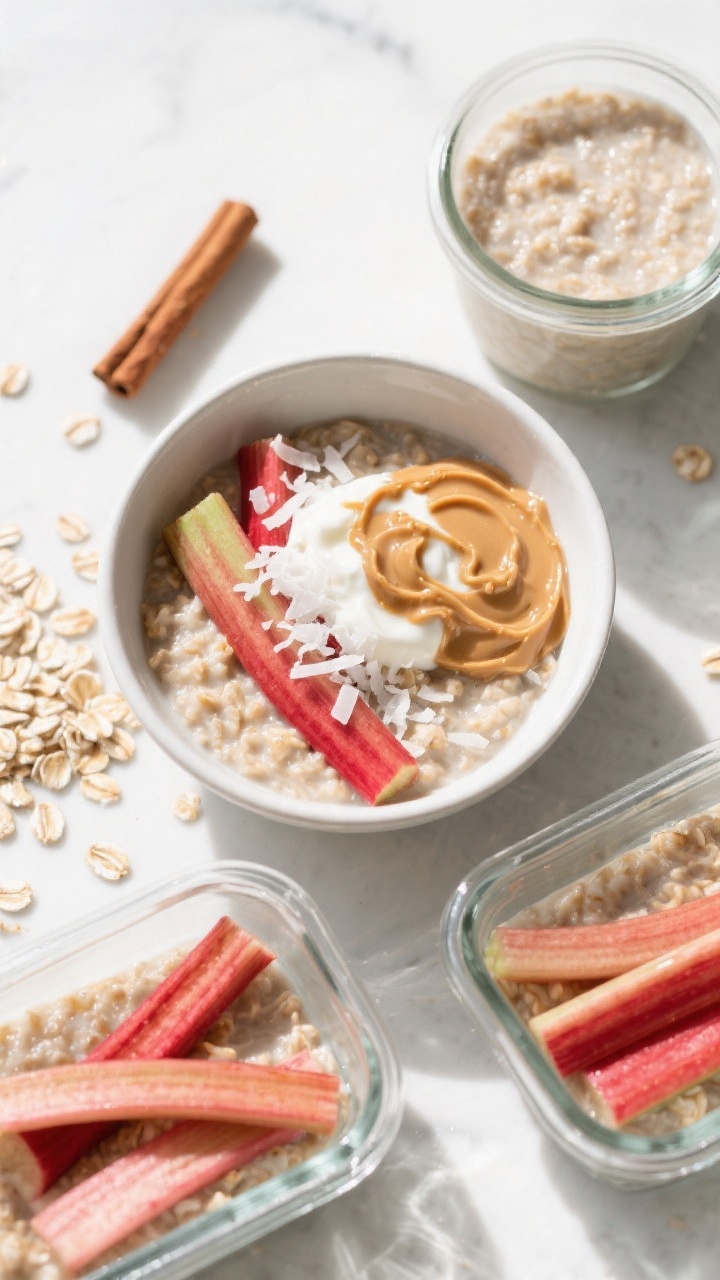 Tasty top view, meal-prep vibe: Overhead shot of rhubarb oatmeal portioned for the week—one hero b