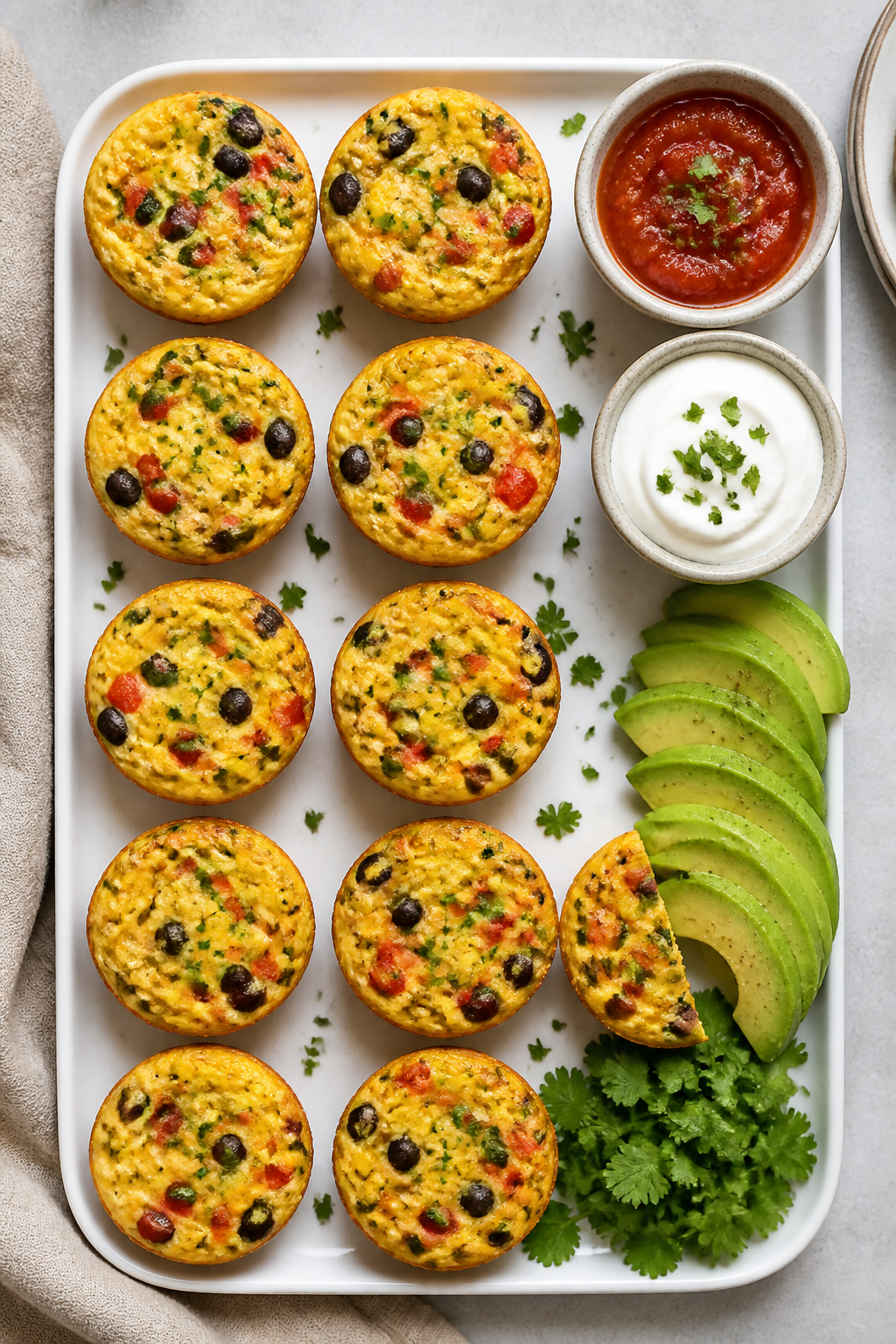 Tasty top view: Overhead shot of a breakfast board featuring a dozen mini Mexican egg muffins arrang