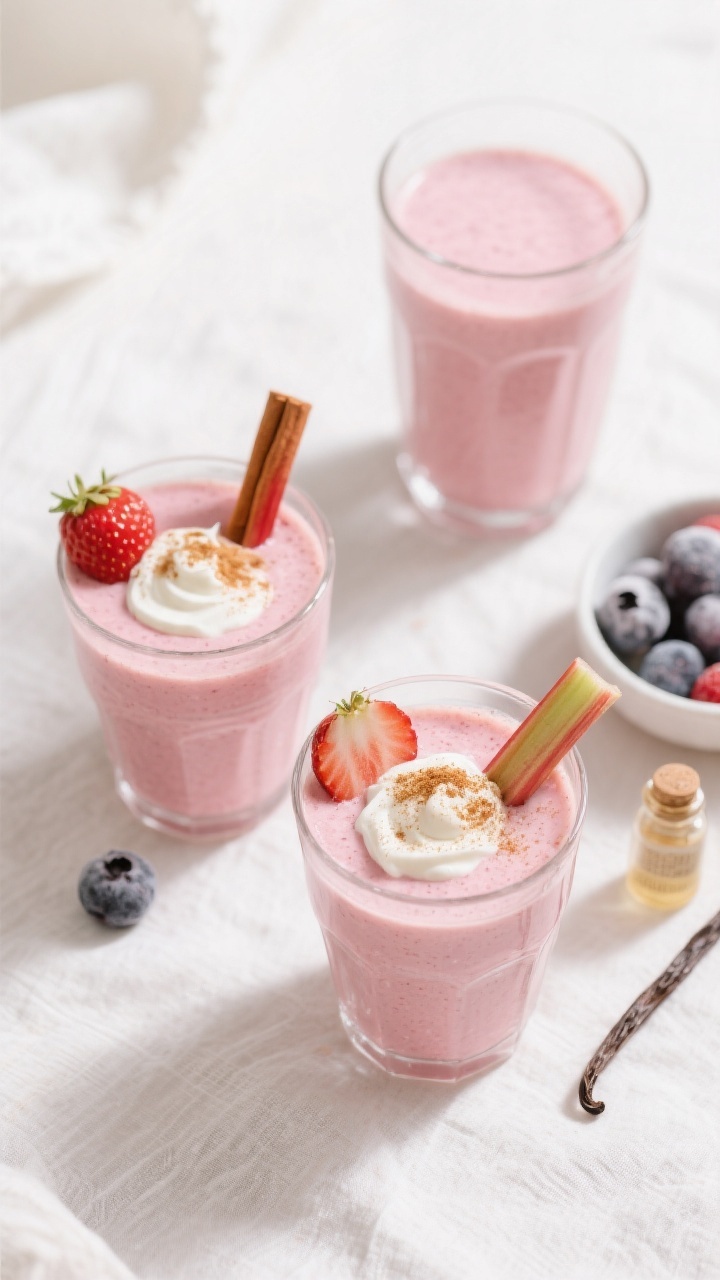 Tasty top view: Overhead shot of a freshly blended rhubarb–strawberry–banana smoothie poured int