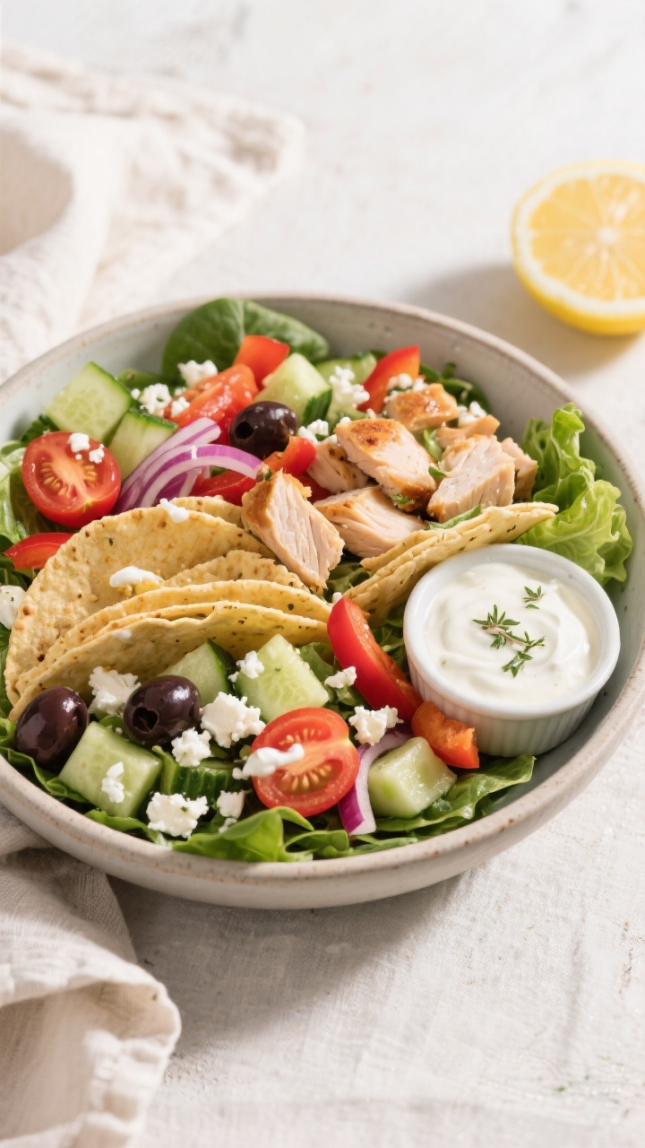Tasty top view: Overhead shot of a Kid-Friendly Greek Salad Wrap Bowl fully assembled—romaine and 