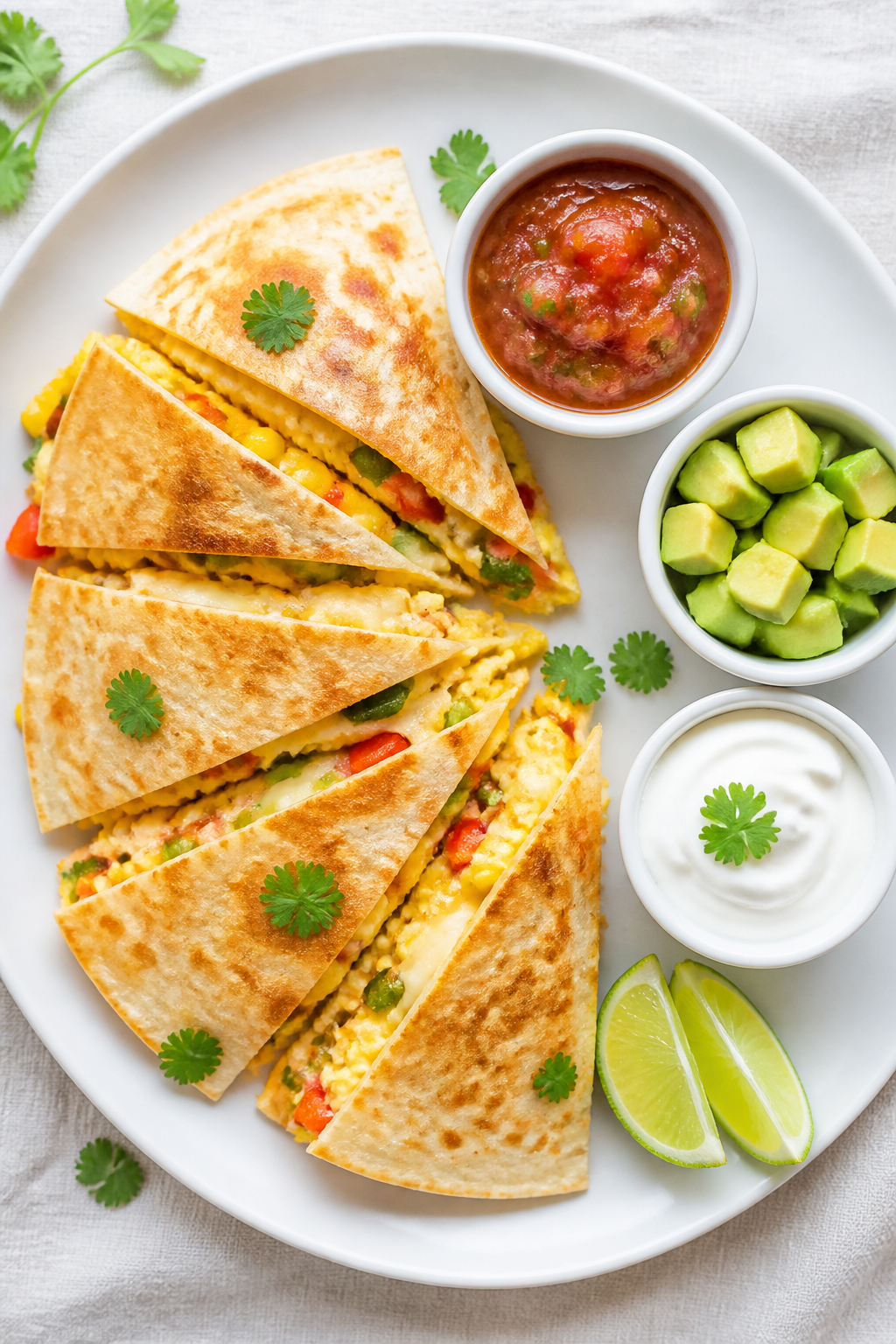 Tasty top view: Overhead shot of a sliced Mexican breakfast quesadilla arranged in neat wedges on a 