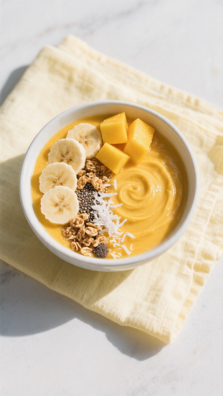 Tasty top view: Overhead shot of a vibrant mango smoothie breakfast bowl, extra-thick blend swirled 