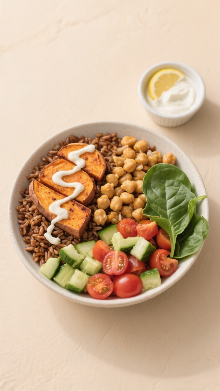 Tasty top view: Overhead shot of assembled Roasted Sweet Potato Chickpea Bowl for kids—base of flu
