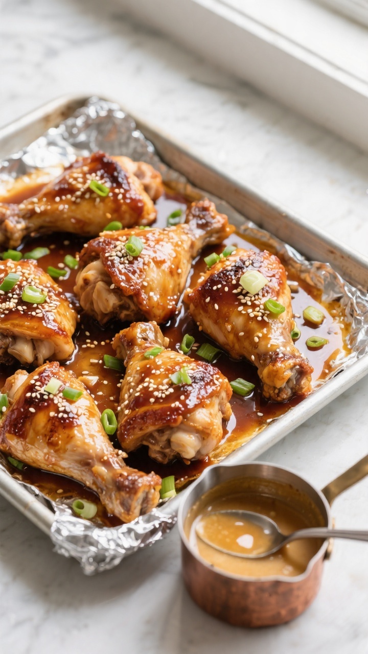 Tasty top view: Overhead shot of baked honey garlic chicken thighs on a foil-lined sheet pan right o