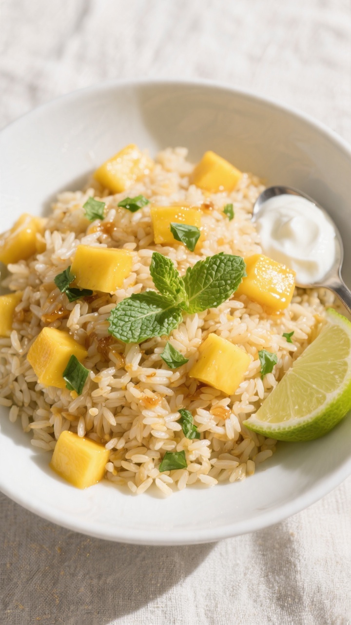 Tasty top view: Overhead shot of finished Mango Rice in a shallow white bowl, evenly dotted with bri
