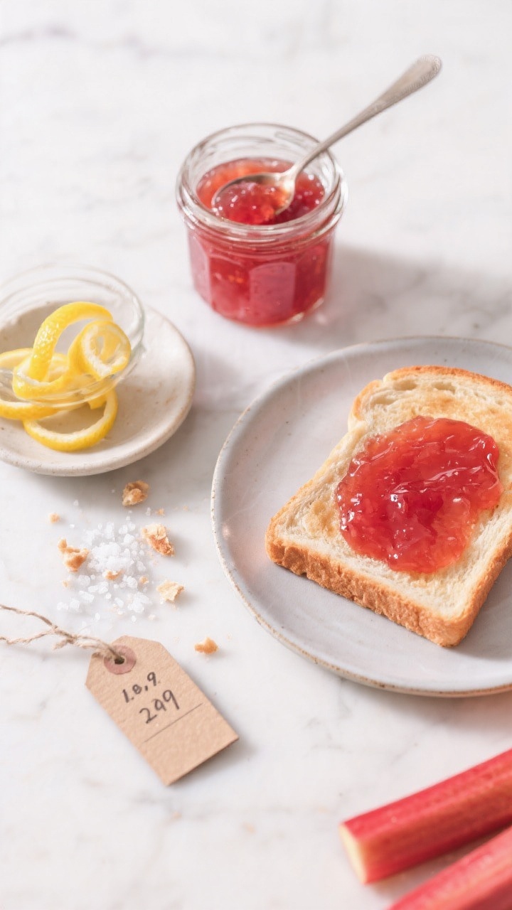 Tasty top view: Overhead shot of freshly jarred rhubarb jam in small glass jars on a white marble su