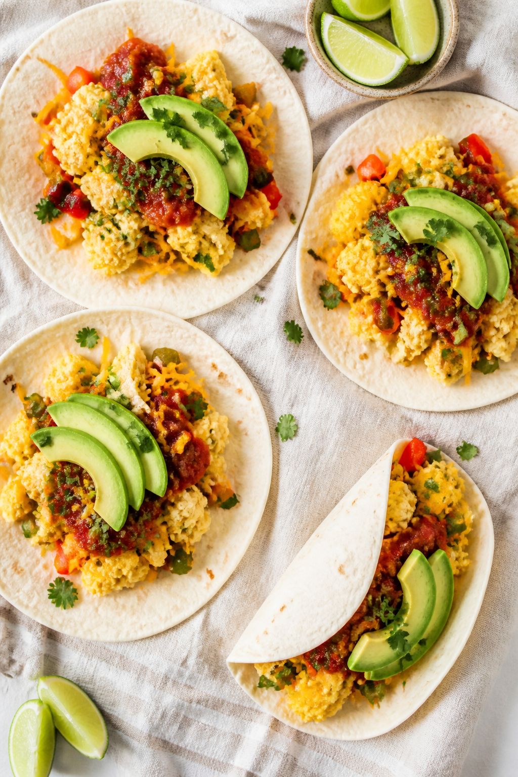 Tasty top view: Overhead shot of kid-friendly breakfast tacos being assembled—warm flour tortillas