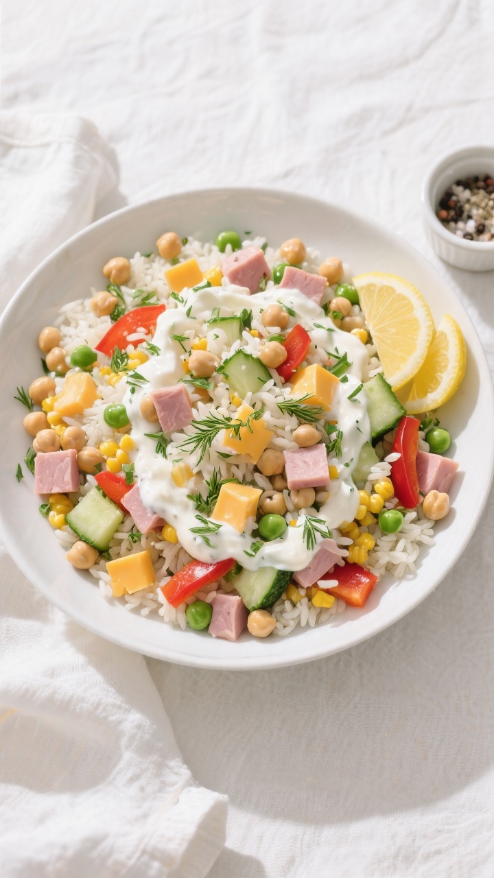 Tasty top view: Overhead shot of Kids Rice Salad in a large white shallow serving bowl, evenly dotte