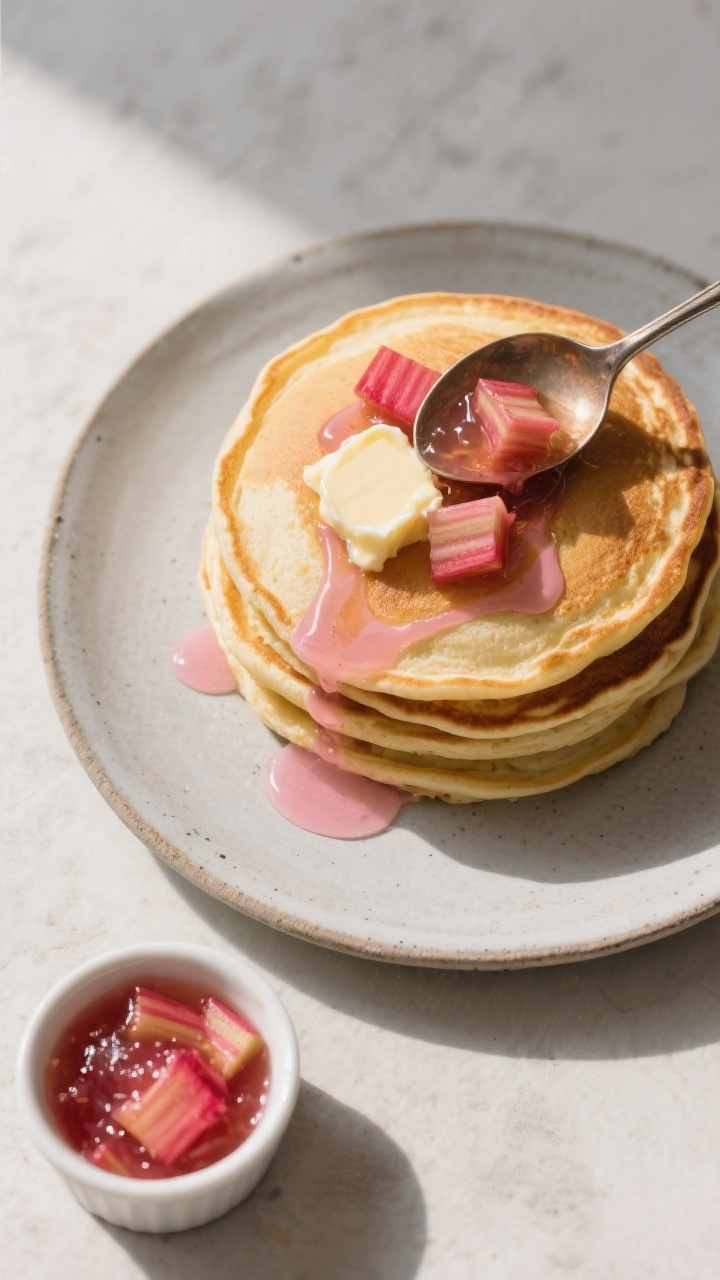 Tasty top view — Overhead shot of rhubarb compote swirled into pancake stack: golden, fluffy panca