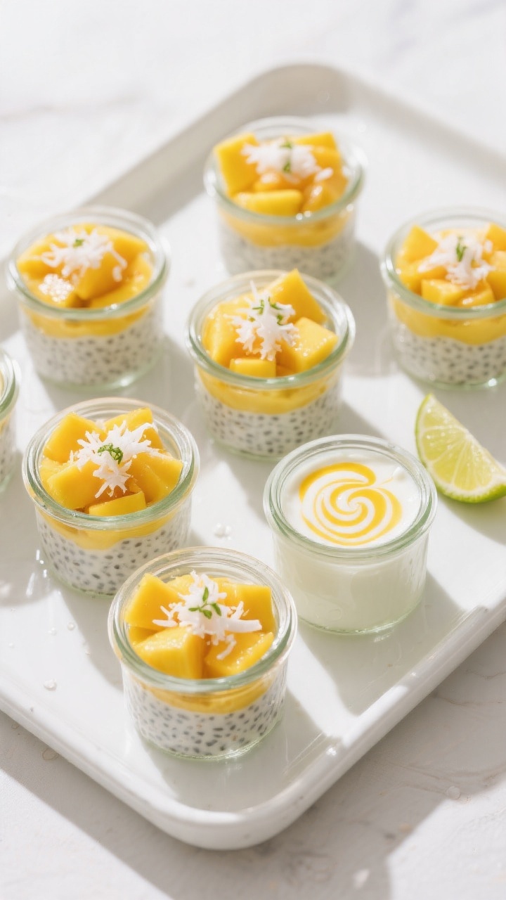 Tasty top view: Overhead shot of set mango chia pudding portioned into small kid-friendly jars, each