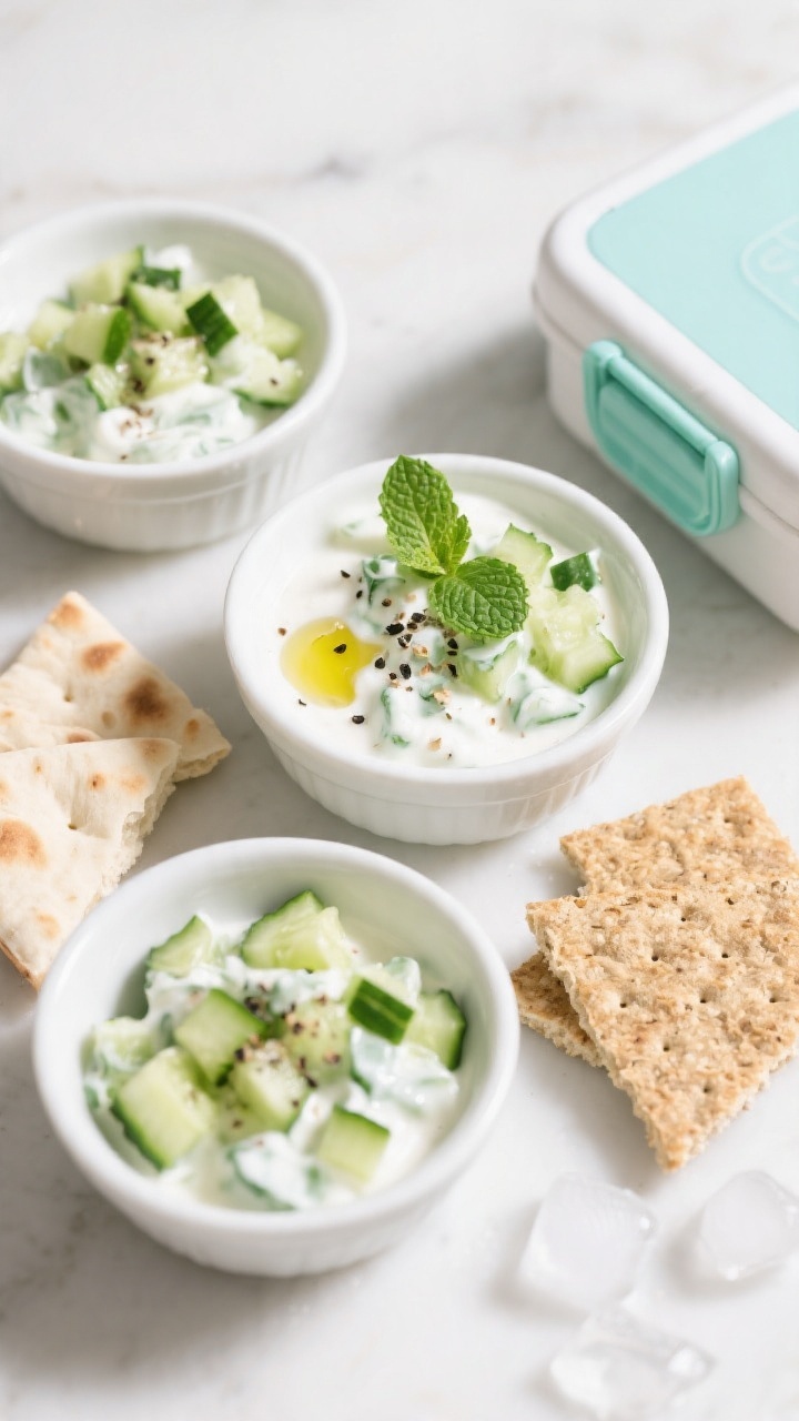 Tasty top view: Overhead shot of the finished cucumber yogurt salad served in child-friendly small b