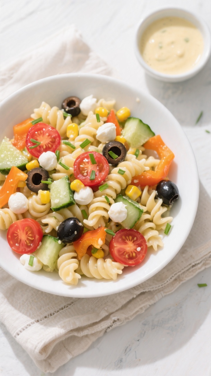 Tasty top view: Overhead shot of the finished kid-friendly pasta salad in a wide, shallow white serv