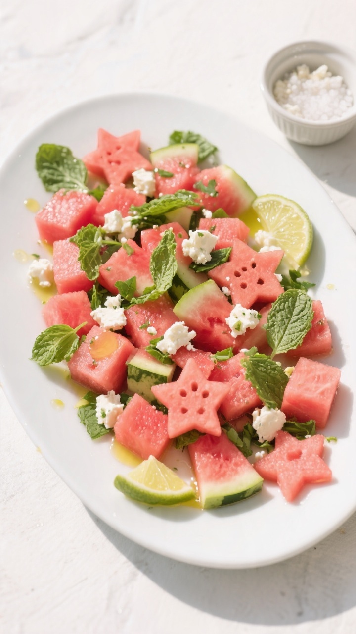 Tasty top view: Overhead shot of the fully assembled Kid-Friendly Watermelon Feta Salad arranged in 