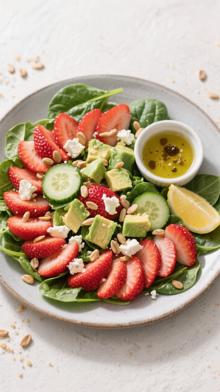 Tasty top view: Overhead shot of the fully assembled Strawberry Spinach Salad for Kids on a matte ce