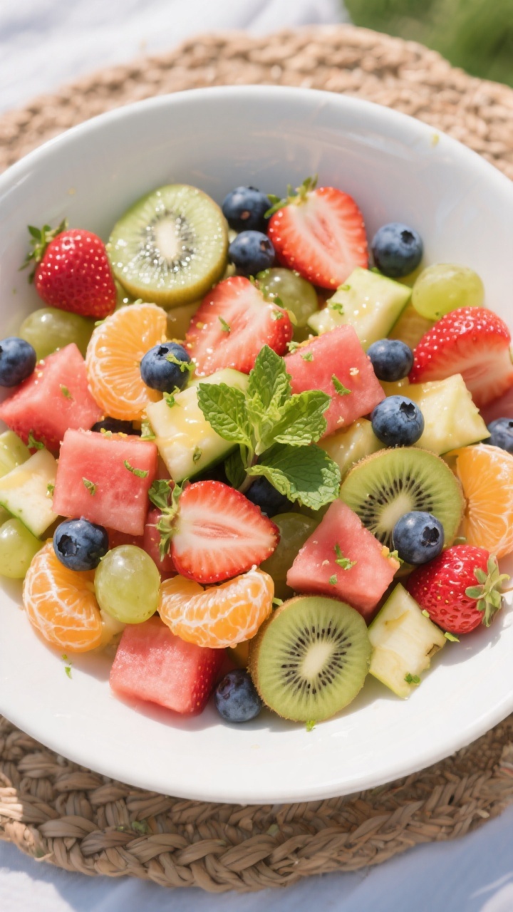 Tasty top view: Overhead shot of the fully assembled fruit salad in a wide, shallow white serving bo