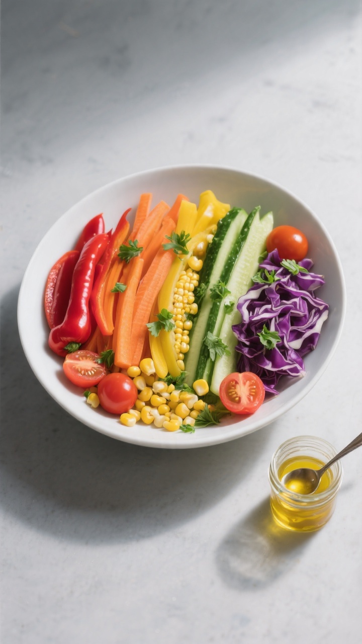 Tasty top view: Overhead shot of the rainbow veggie salad arranged by color bands in a wide, low whi