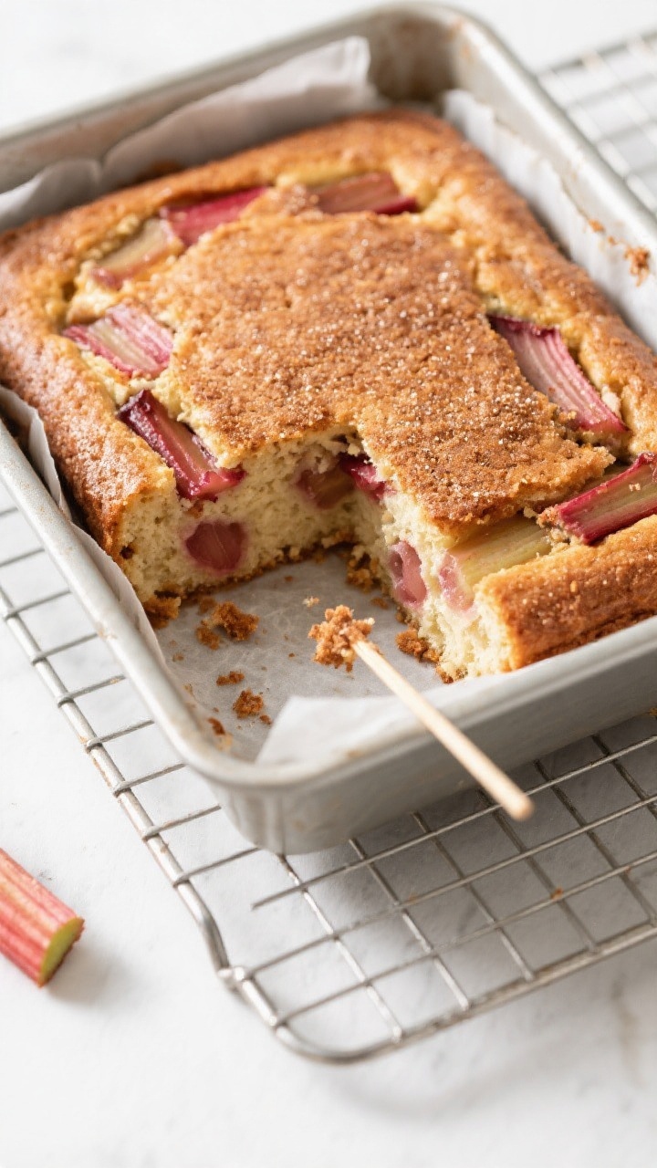 Tasty top view: Overhead shot of the rhubarb cake in a 9-inch square pan, parchment sling visible, e