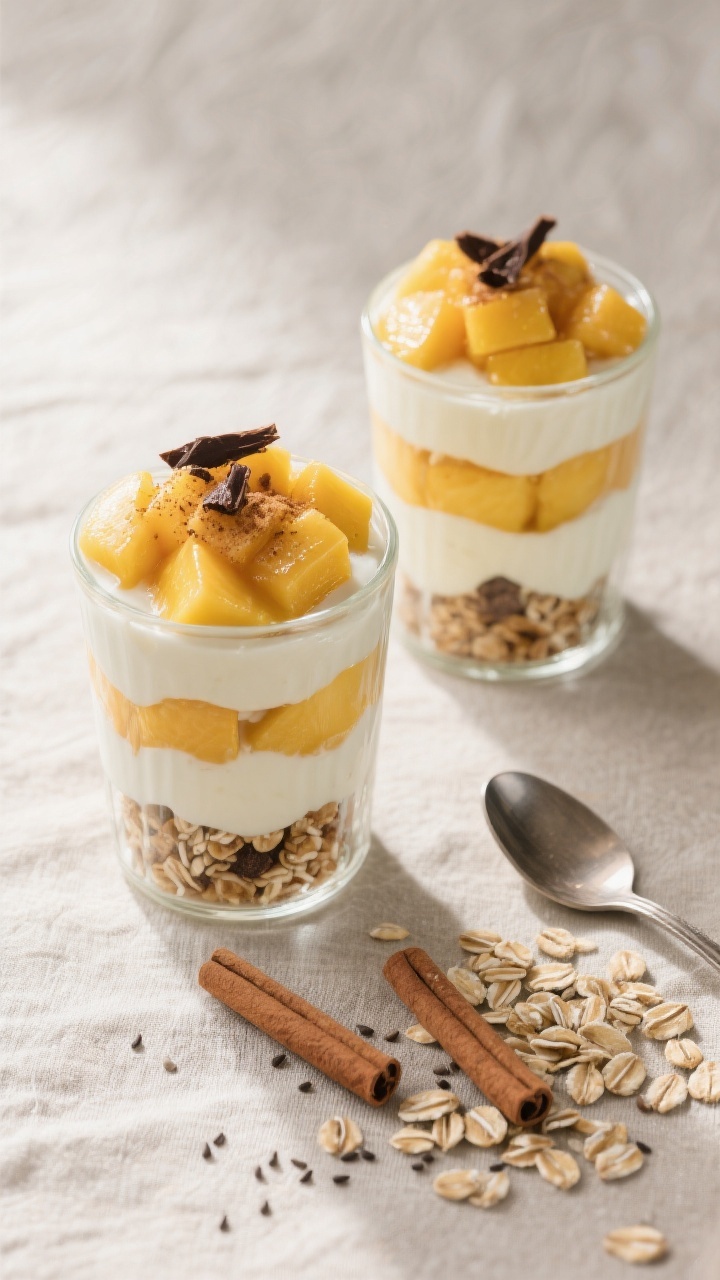 Tasty top view: Overhead shot of two finished mango yogurt parfaits in short clear tumblers, showing