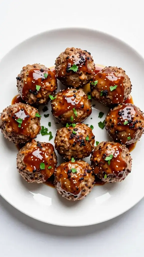 Overhead shot of a platter of glossy BBQ turkey meatballs arranged in a rustic circular/arranged pattern on a white plate, with a drizzle of tangy glaze and chopped parsley, bright natural light, clean background