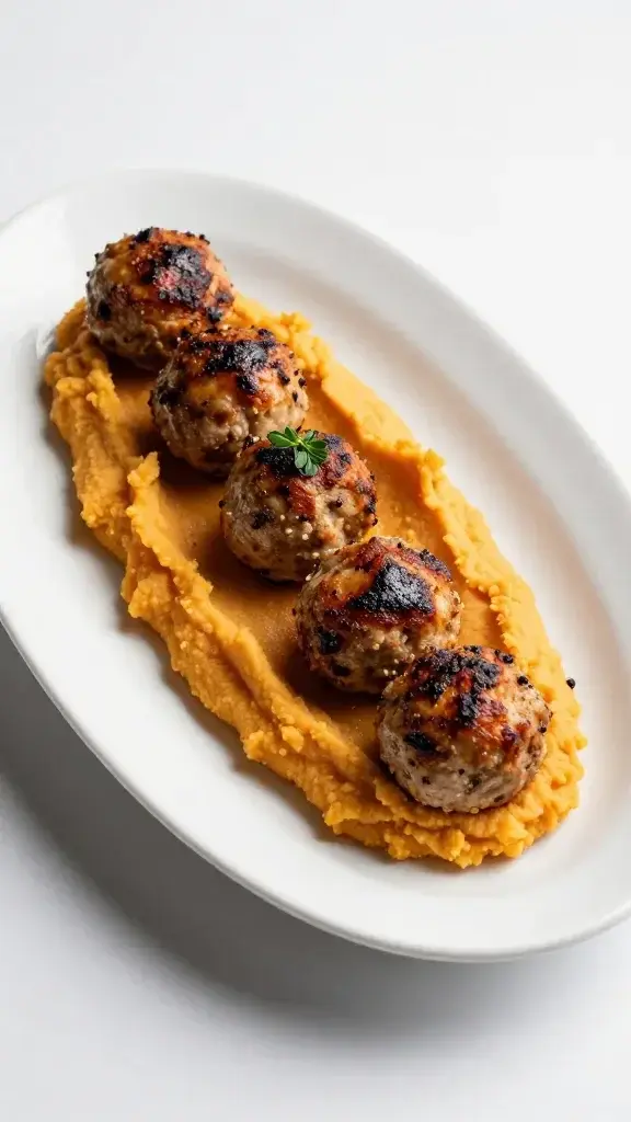 Final plated dish: a line of BBQ turkey meatballs on a long white ceramic plate with mashed sweet potato mash and a small herb garnish, studio-soft shadows, daylight