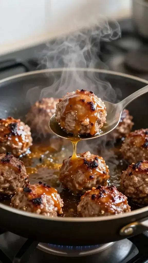 Cooking process shot: meatballs sizzling in a skillet with caramelized edges and a glossy glaze being spooned over them, steam rising, natural stove-top lighting