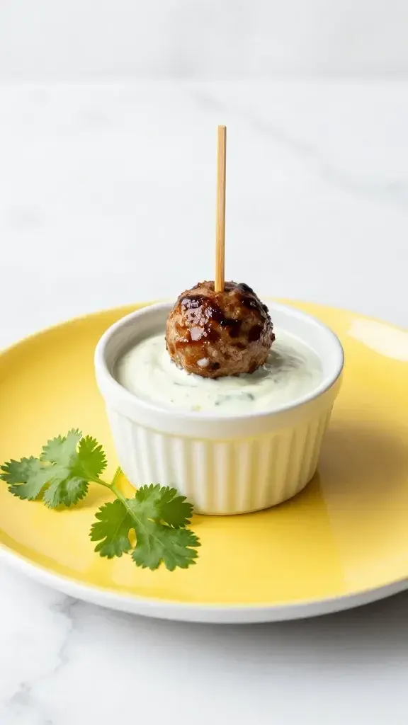 Serving moment: pair of meatballs skewered with a toothpick atop a small ramekin of dipping sauce, bright plate, fresh cilantro sprigs, clean marble surface