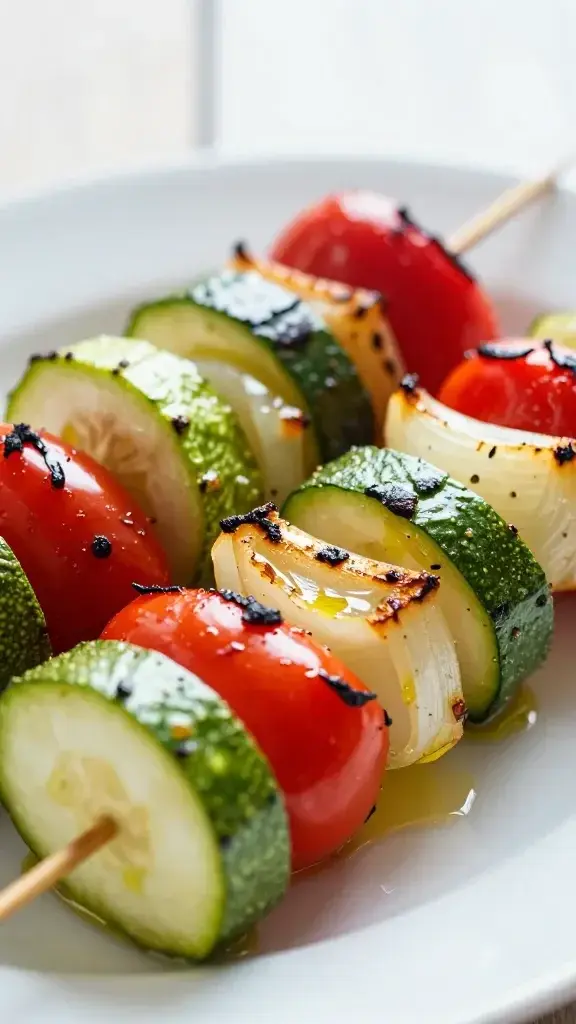 Close-up detail: a sizzling grilled veggie kabob with vibrant peppers, zucchini, and onions, golden chars, brushed with olive oil, shallow depth of field, soft window light, clean white plate