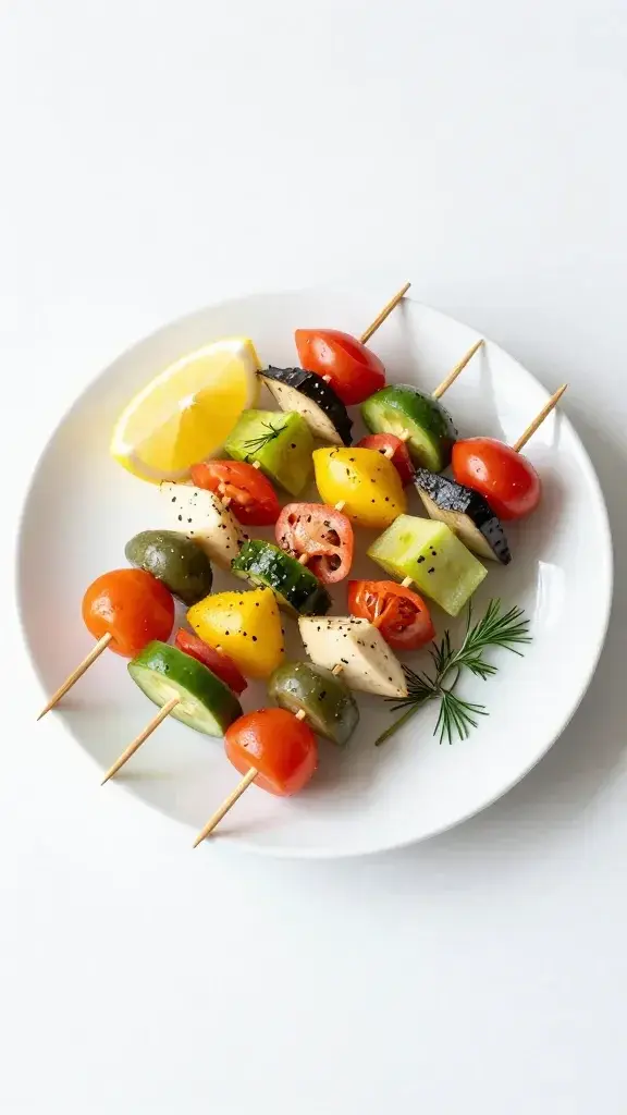 Final plated dish: colorful veggie kabobs skewered and served on a white ceramic platter with a lemon wedge and herb sprigs, bright natural light, minimal garnish
