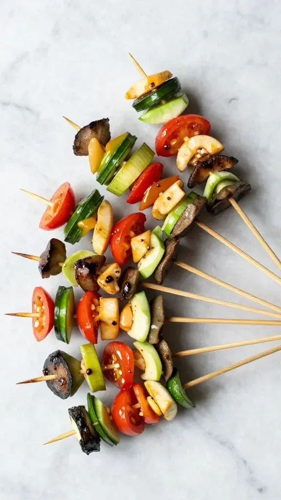 Overhead/top-down shot: assortment of assembled veggie kabobs on a marble surface, skewers arranged in a fan, glossy glaze catching the light, fresh bench-top presentation