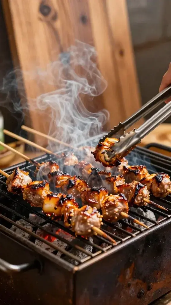Cooking process shot: kabobs on grill grate with visible caramelization, steam rising, tongs turning a skewer, warm kitchen light and rustic wooden board backdrop