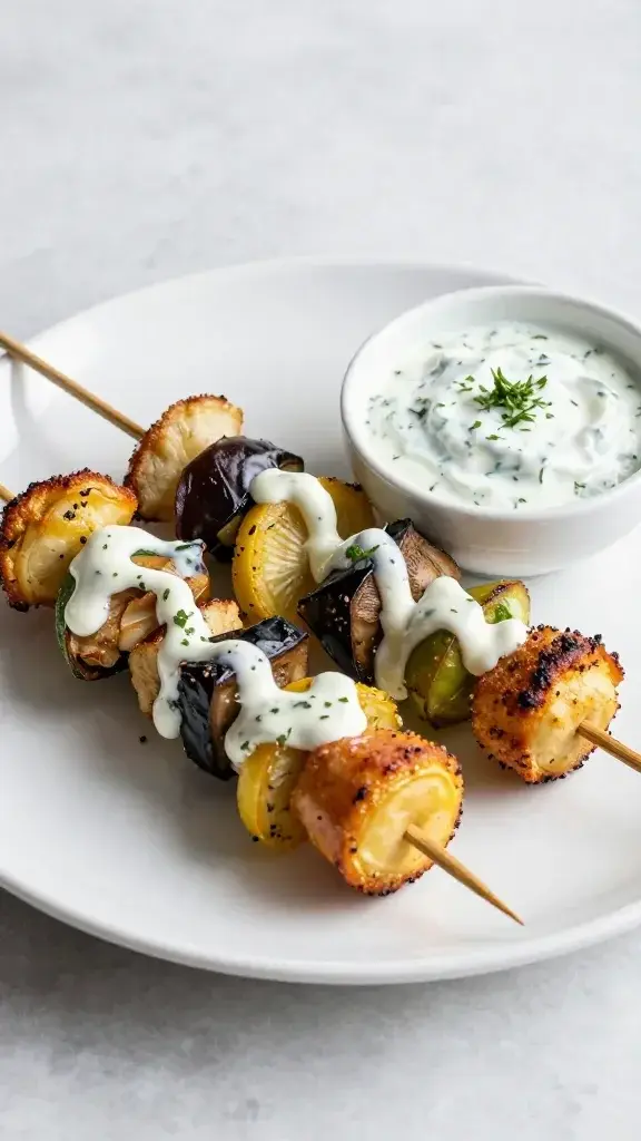 Serving moment: kabobs plated with a side of light yogurt-dill dip, drizzle of sauce over the vegetables, crisp edges and fresh herbs, clean dining setting