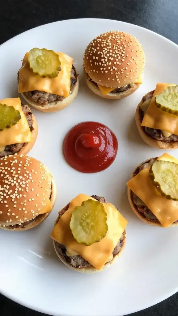 Final plated dish: Beautifully arranged mini cheeseburger bites on a white plate with sesame seed buns, melted cheese, pickle chips, and a dollop of ketchup, bright natural light.
