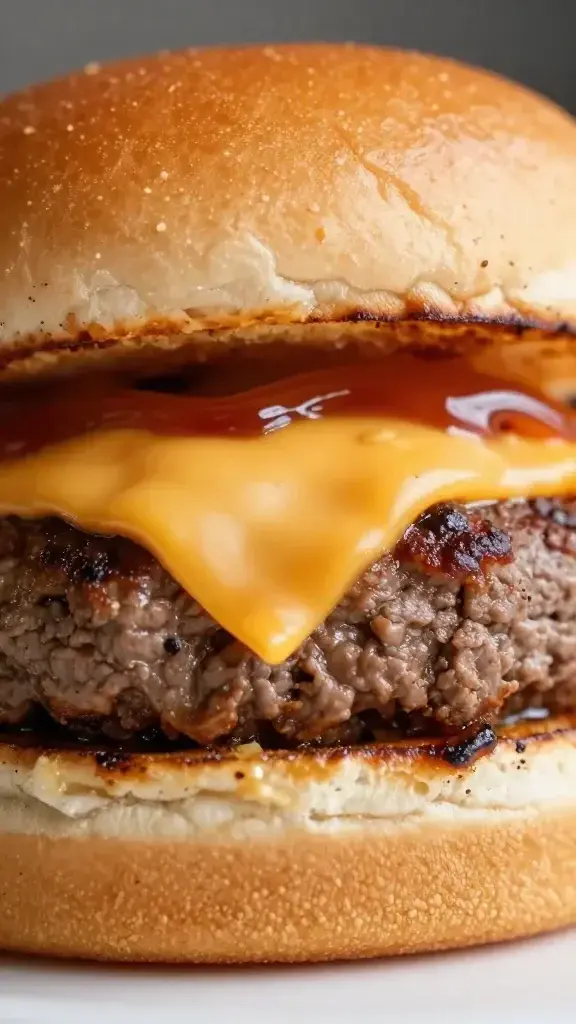 Close-up detail: Juicy cross-section of a mini cheeseburger bite showing melted cheddar, beef patty, toasted bun, and a glistening drizzle of BBQ glaze, shallow depth of field.