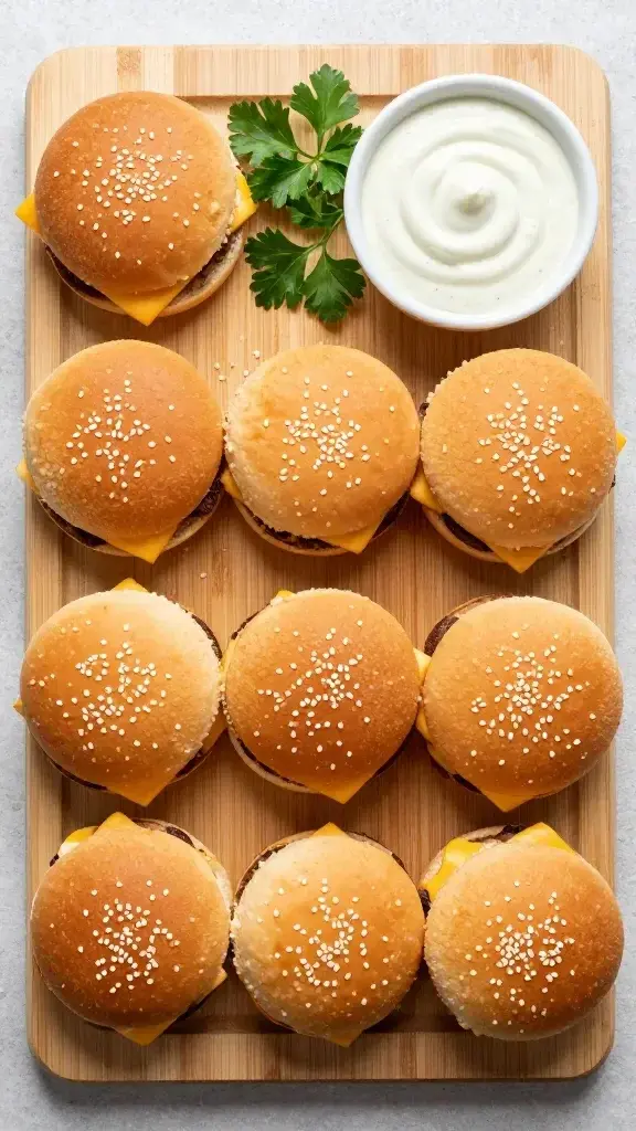 Overhead top-down: Array of bite-sized cheeseburgers on a light wood board with scattered sesame seeds, a small mopped dish of creamy dipping sauce, and fresh parsley garnish.