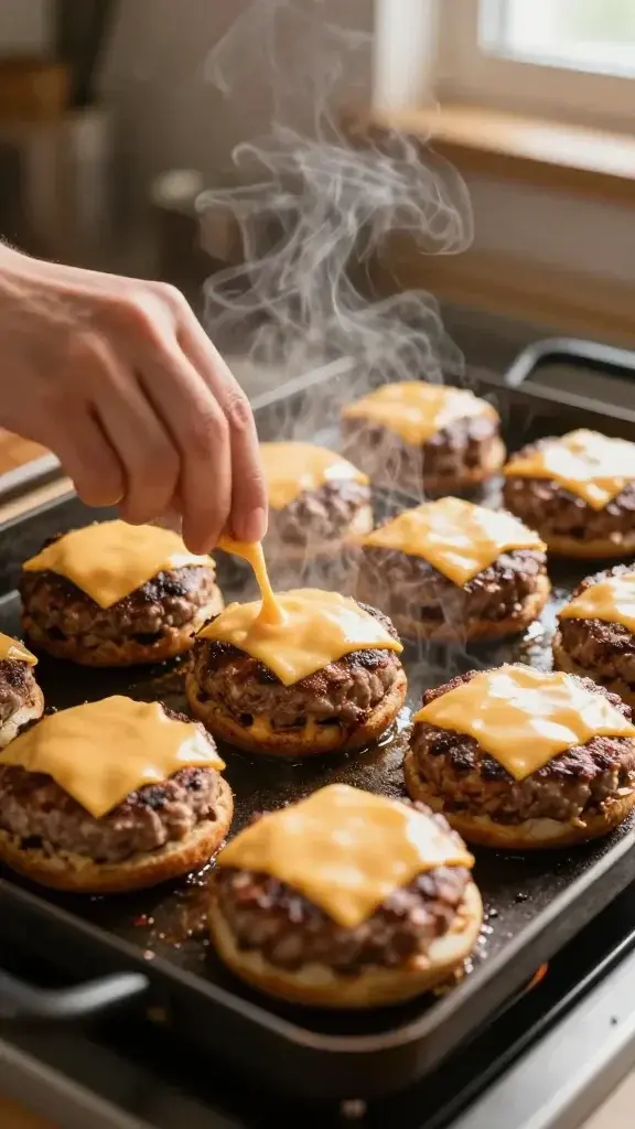 Cooking process: Mini burgers being assembled on a grill pan, cheese just starting to melt over sizzling patties, steam rising, warm kitchen light.