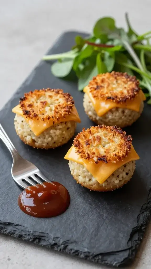 Serving moment: Two mini cheeseburger bites on a slate board with a tiny fork and BBQ sauce drizzle on the side, crisp edges and fresh greens, soft daylight.