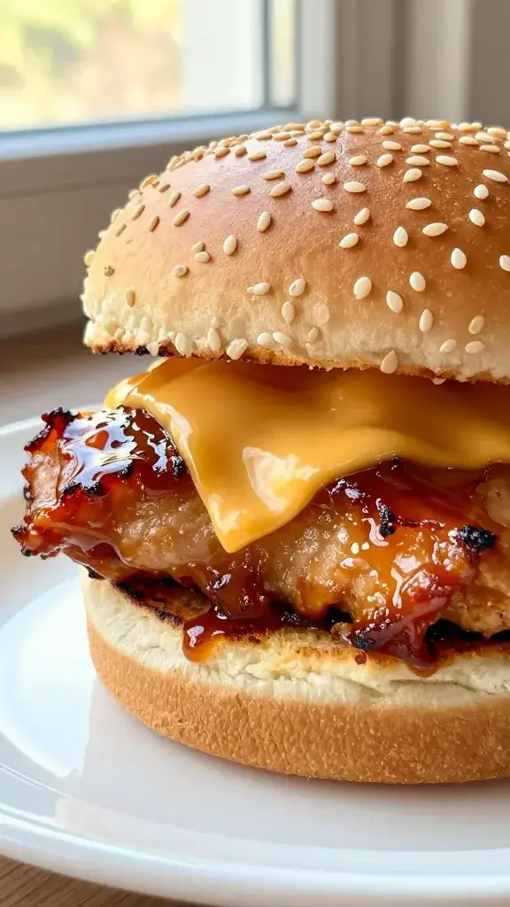 Close-up detail: juicy BBQ chicken sliders with melted cheese, caramelized edges, and glossy barbecue glaze, sesame bun top, shallow depth of field, warm natural window light, clean white plate