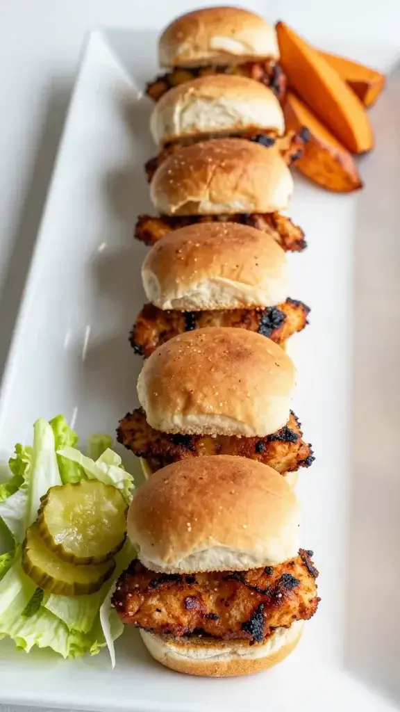 Final plated dish: a row of kid-friendly barbecue chicken sliders arranged on a rectangular white platter with crisp lettuce, pickle chips, and a sides of sweet potato wedges, bright natural light