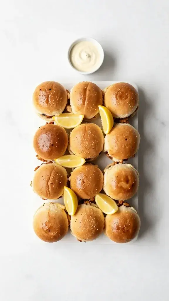 Overhead/top-down shot: overhead view of a mini BBQ chicken sliders platter on a marble surface, garnished with lemon wedges and a small ramekin of extra sauce, minimalistic styling