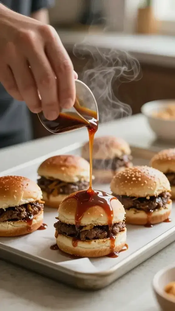 Cooking process shot: hands drizzling glossy BBQ sauce over freshly stacked sliders on a parchment-lined baking sheet, steam rising, warm kitchen light, inviting texture